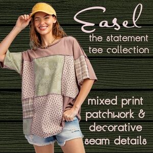 EASEL “Statement Tee” 100% Cotton Mix Print Patchwork Half Sleeves Exposed Seams